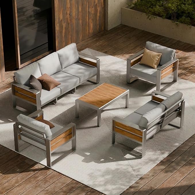 ZANDOR Aluminum Outdoor Patio Conversation Furniture Set, 5 PCS Metal Modern Outside Sectional Lawn Furniture with Coffee Table & Washable Thick Cushions,Seating Sofa for Garden/Backyard/Porch Silver ZANDOR%7CCraftingYourOutdoorElegance