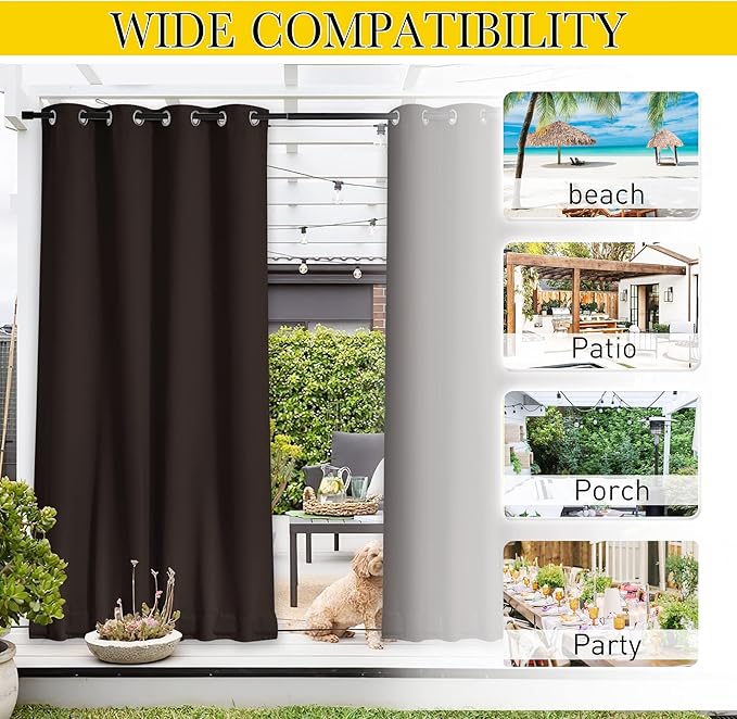 NICETOWN 2 Panels Weighted Outdoor Curtains for Patio Waterproof, Thermal Insulated Grommet & Back Tab on Top & Bottom Windproof Sun Blocking Draperies for Gazebo with Rope, Toffee Brown, W66 x L84 NICETOWN