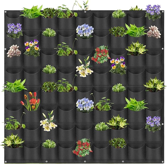 Hanging Planting Grow Bags, 72 Pockets Hanging Vertical Wall Planter Wall Mounted Grow Bag Outdoor Indoor Gardening Vertical Greening Flower Container, Planting Bags Storage Bags(1.0 m × 1.0 m, Black) LITLANDSTAR
