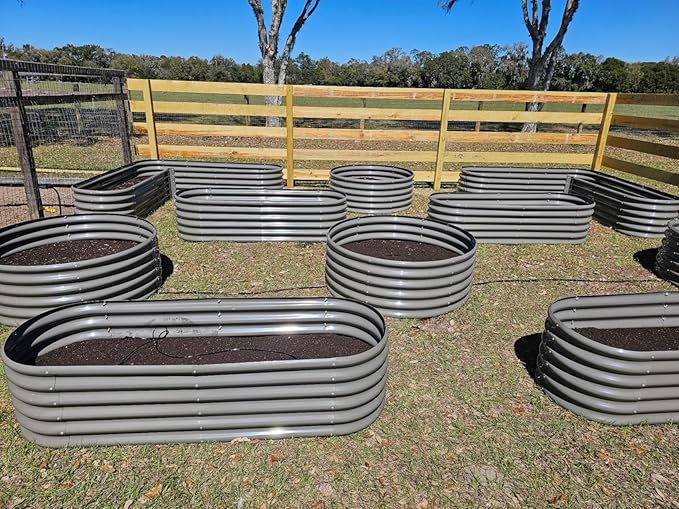 A ANLEOLIFE Set of 14 18 Inch Tall Raised Garden Beds Kit, Heart-Shaped, Long Oval & Round Metal Planters – Ideal for Creative Garden Layouts, Quartz Grey AAnleolife