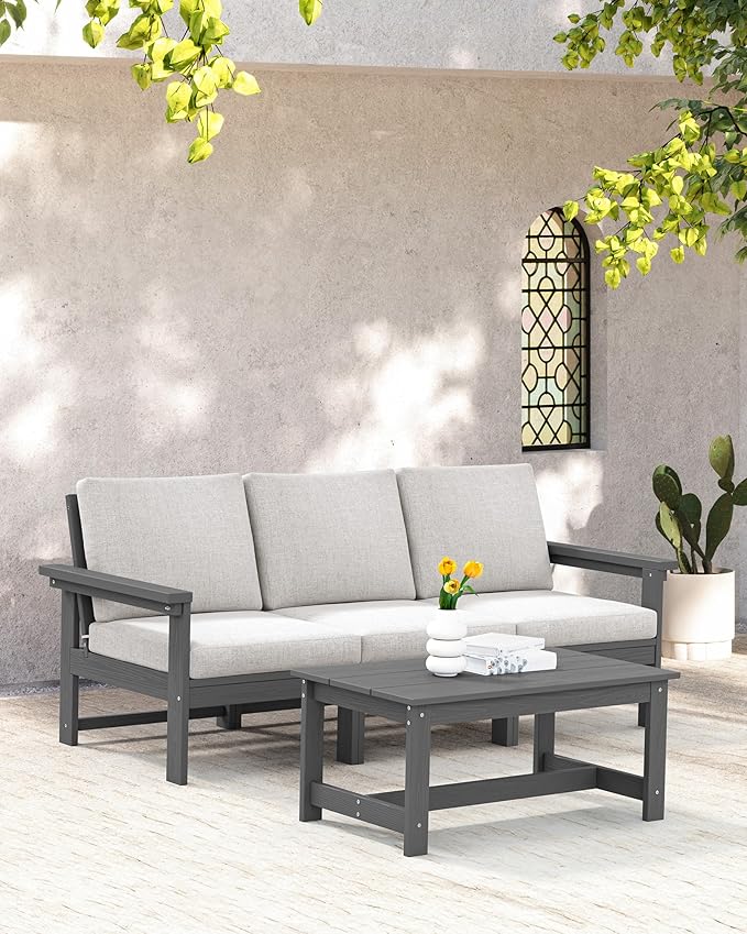SERWALL HDPE Patio Sofa Set, 4-piece Sectional Outdoor Furniture Set, All Weather Outdoor Couch Set Patio Furniture Set for Deck, Lawn, Grey Frame with Khaki Cushion SERWALL