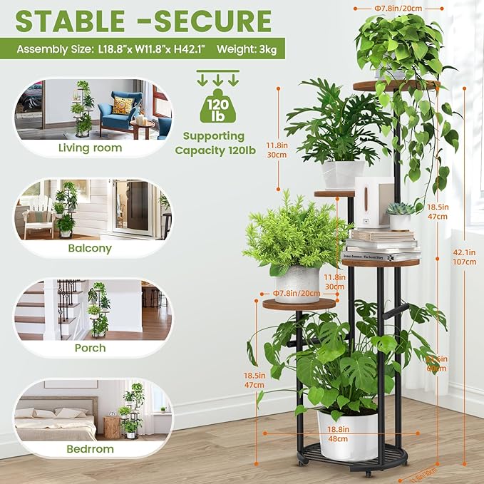 TOSKING 5 Tier Metal Plant Stand Indoor， Plant Shelf, Corner Shelf Flower Pot Stand for Outdoor Plant Stand for Living Room Balcony Garden Patio Bedroom (Black and Brown, 42in) TOSKINGESSENCE