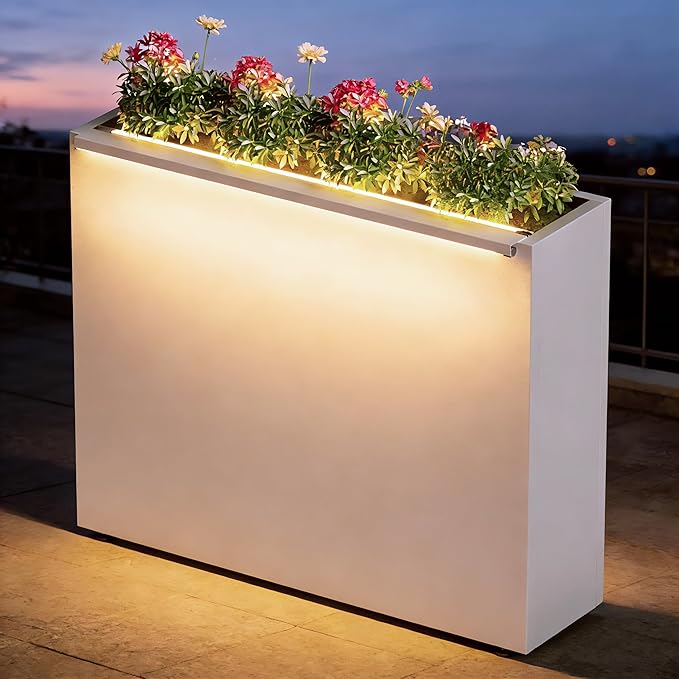 GSK White Metal Planter Box with LED Light Rectangular Illuminate Flower Trough 30" H×10" W×37.9" L Vibe Indoor Light Up Garden Plants Outdoor Separation Patio Porch Balcony GSK