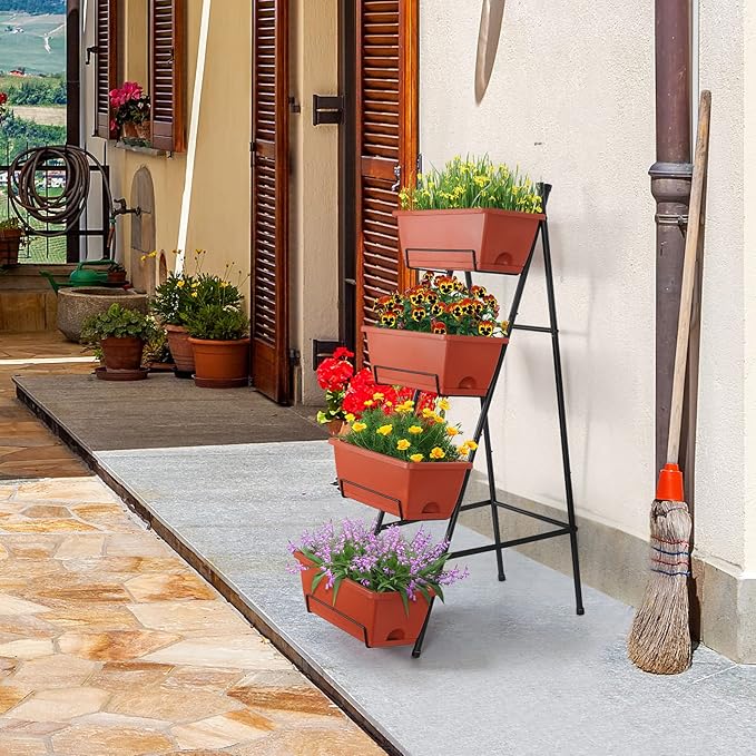 OYEAL Raised Garden Bed 4 Tier Vertical Garden Planter Indoor Outdoor Herb Planter with Legs Elevated Garden Planters for Flowers Vegetables Plants, Brick Red OYEAL