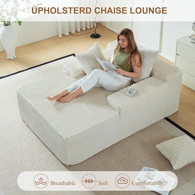 67 Inch Chaise Lounge Chair Indoor, Oversized Upholstered Boneless Sofa Bed, Corduroy Deep Seat Sleeper Couch Reading Chairs, Comfy Cloud Sofas Couches for Living Room, No Assembly Required (Beige) Rootora