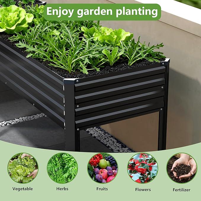 48×24×30in Galvanized Raised Garden Bed,Metal Elevated Planter Box with Legs for Patio,Balcony,Backyard,300lb Capacity,Black Easllre