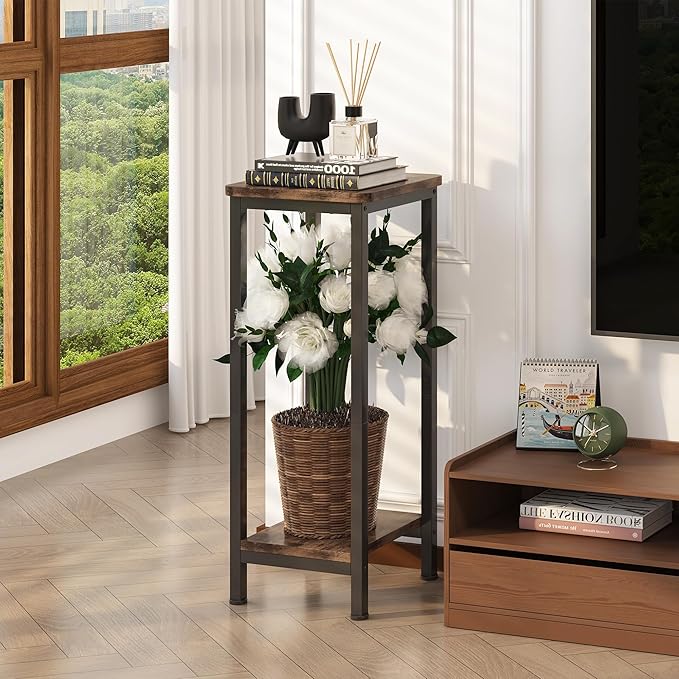 Homeiju 2-Pack Plant Stand Indoor, 2 Tier Wood Corner Plant Stand, Modern Square Plant Shelf Flower Stand for Living Room Patio Balcony Garden, Rustic Brown Homeiju
