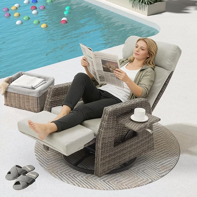Adjustable Outdoor Recliner Chair with Independent Backrest & Footrest, Patio Swivel Recliner Chair, Wicker Reclining Patio Chair w/Flip-Up Table, Air Pump 155° Lay Flat Chaise Lounge, Gray Rootora