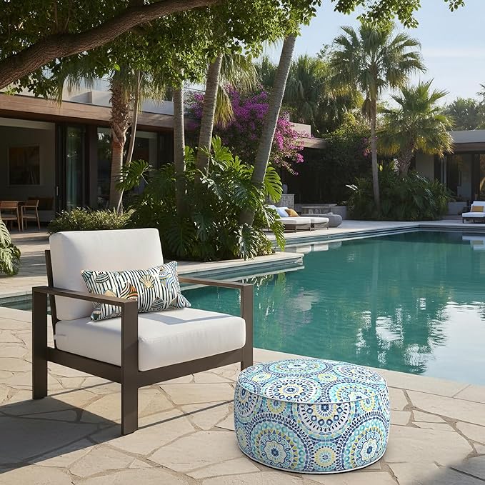 LVTXIII Indoor/Outdoor Inflatable Ottoman with Handle D21 x H9 Inch, Weather-Resistant Round Footstool Pouf for Patio Camping Living Room, Portable Footrest Extra Seating, Delancey Lagoon LVTXIII