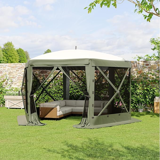 11.5x11.5FT 6-Sided Pop Up Gazebo Tent，One-Push Setup Canopy Tent with Mesh Panels & Removable Wind Cloths, Outdoor shelter for Camping, Backyard Parties, Outdoor Events - Army Green GarveeLife