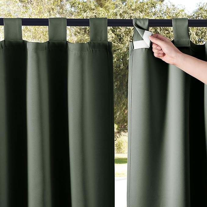 NICETOWN 2 Panels Greyish Green Long Outdoor Curtainss for Patio Waterproof, Detachable Sticky Tab Top Blackout Indoor Outdoor Blinds Heat & Cold Blocking Privacy for Gazebo/Porch, W52 x L108 NICETOWN
