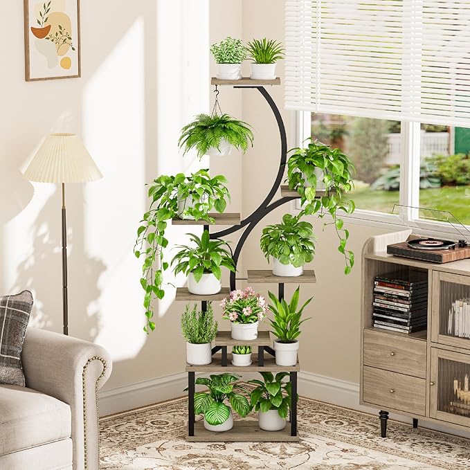 Plant Stand Indoor with Grow Lights - 62" Tall Plant Shelf, Lighted Corner Plant Stands for Indoor Growing, 8 Tiered Large Flower Holder, S-Shaped Decorative Rack for Living Room, Patent Design, Grey BACEKOLL