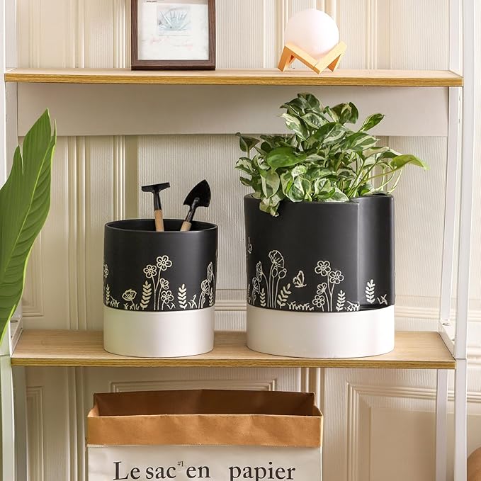 Nihow Self Watering Plant Pot: 8 Inch Ceramic Planter with Drainage Hole & Water Storage Plus for Indoor & Outdoor Plants - Cylinder Round Flower Pot for Succulent/Herbs/Violets - Black Nihow