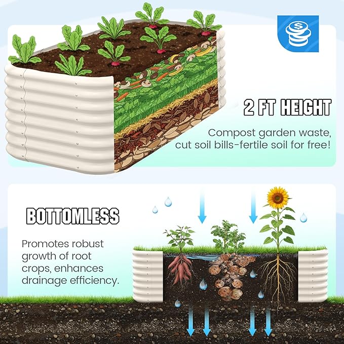 Quictent Galvanized Raised Garden Bed Kit, 6x3x2 ft Oval Metal Planter Box Tall for Vegetables Outdoor Backyard, Strengthened by Crossbar, Beige QUICTENT