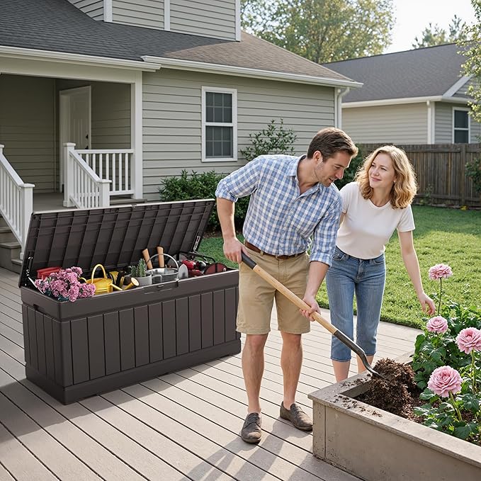 Flamaker Outdoor Storage Box 80 Gallon Resin Waterproof Deck Box Delivery Box with Wood Texture Large Storage Bin for Patio Cushions (Brown) Flamaker