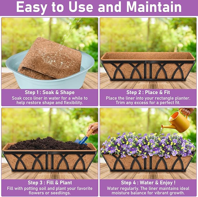 Riare 4 Pack 30 Inch Rectangle Coconut Liners for Planters, Natural Coconut Fiber Planter Liners, Window Box Liner Trough Coco Liner for Outdoor Flower, Garden Wall, Deck & Fence Planter Boxes Riare