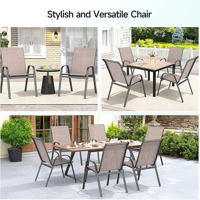 Patio Chairs Set of 2, Easily Set Up Stackable Outdoor Dining Chairs with High Back and Wide Seat, All Weather Breathable Outdoor Chairs Set of 2 with Metal Frame for Backyard Deck Pool, Brown Dovov