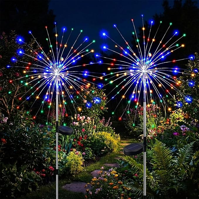 2 Pack Solar Firework Lights Outdoor - Verified 200 LED & 8 Modes - Starburst Solar Powered Garden Lights, Reinforced Durable Stakes, Waterproof Pathway Walkway Lights for Yard Patio Decor colcutee