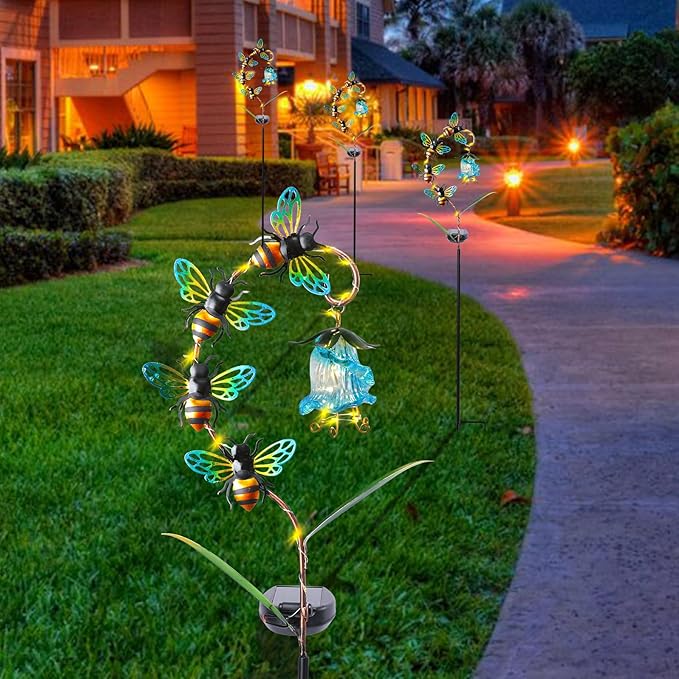 Bshine Solar Flower Outdoor Waterproof Bee Lights, Valentine's Day Garden Decorative Metal Stake Bee Hanging Flower, Yard Decorations Outdoor Patio, Courtyard, Pathway and Lawn Ornaments Bshine