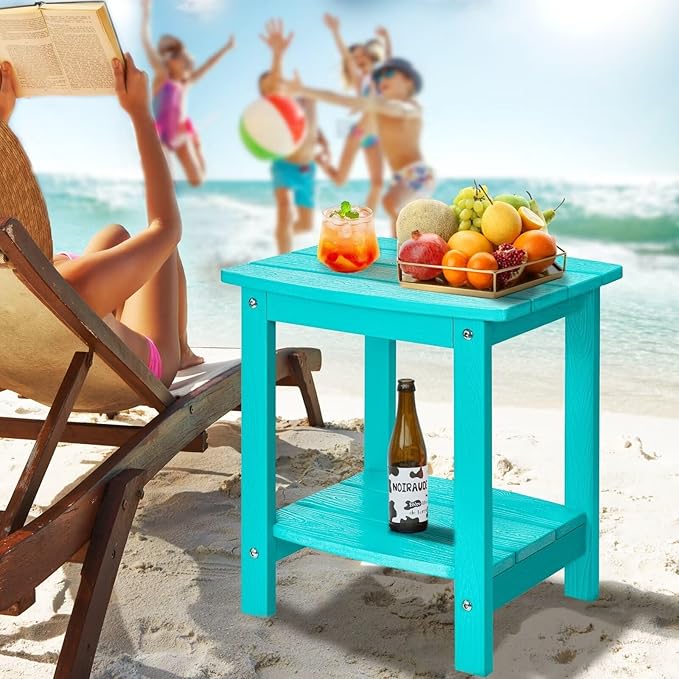 Y&M Outdoor Side Table, HIPS Adirondack Small Double Layer Table, Waterproof Square Balcony Modern End Tables for Patio, Pool, Beach, Porch, Deck, Indoor or Outdoor Use, Aruba Blue YM