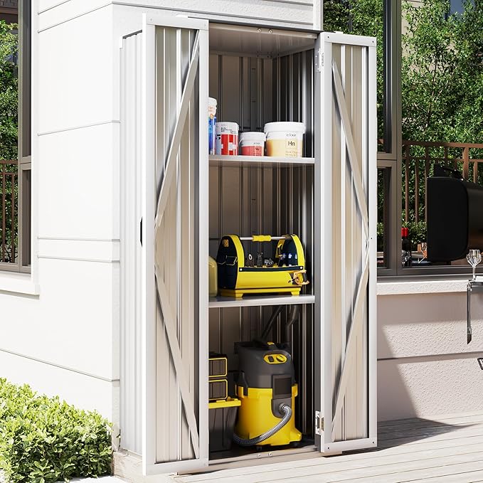 AECOJOY Outdoor Storage Cabinet Waterproof with Adjustable Shelves, Vertical Tall Outdoor Cabinet Weatherproof, Garden Sheds & Outdoor Storage Clearance Cabinet Storage for Outside in White AECOJOY