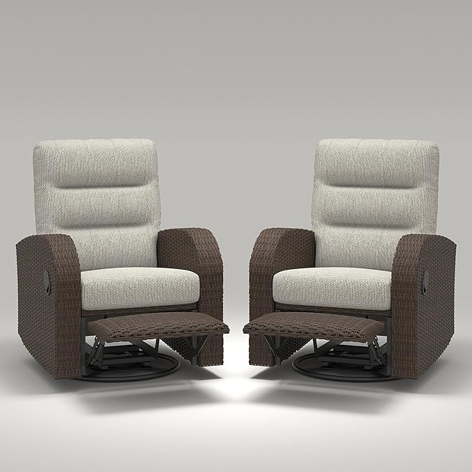 LayinSun Oversized Wicker Outdoor Swivel Glider Recliner with Adjustable Backrest & Footrest, Patio Reclining Lounge Chair - Set of 2 LayinSun