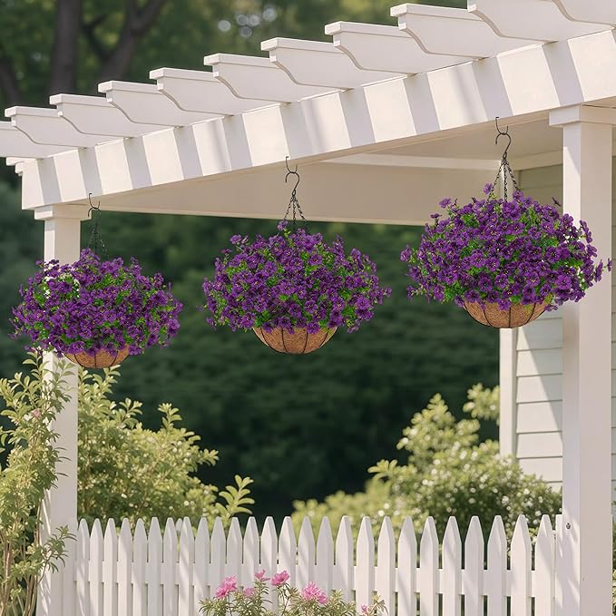 Artificial Faux Hanging Plants Flowers Basket for Outdoors Spring Summer Decoration, Hanging Planters with Fake Silk Flowers UV Resistant Realistic for Outside Porch Patio Balcony Garden Home （Purple） Tiabean
