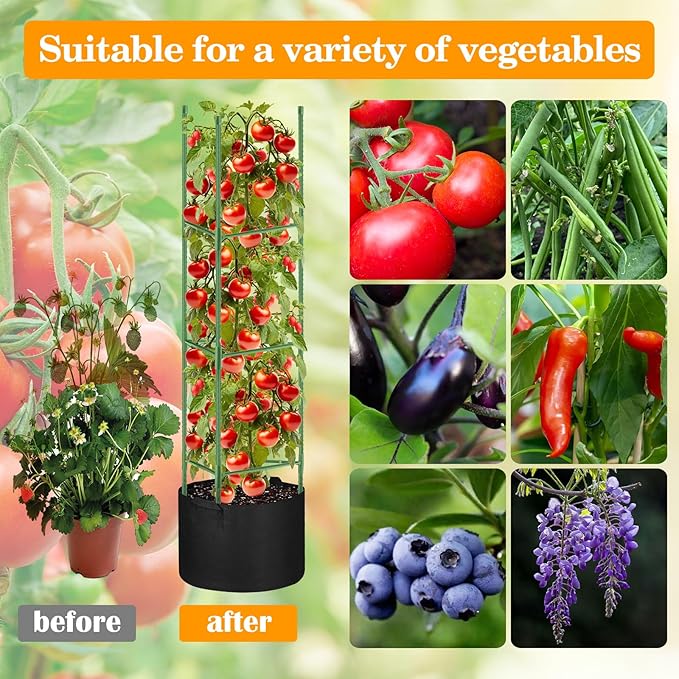 4 Pack Tomato Cages with 11 Gallon Grow Bags for Garden 55inch Tomato Planter with Trellis Heavy Duty Plant Stakes Support Frames for Climbing Vegetables Flowers Fruits Flowers Rootora