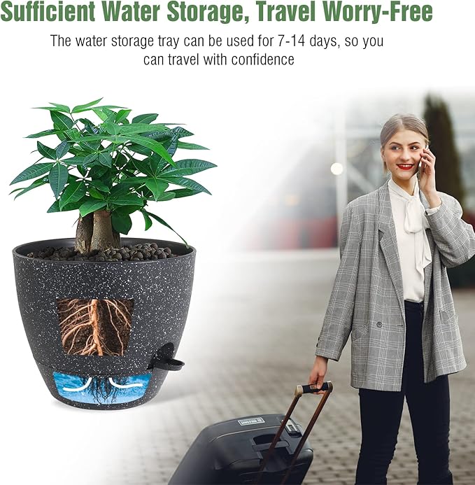 12inch 2Pack Large Self Watering Planters, Plastic Plant Pots with 60oZ Removable Deep Reservoir and Multi Mesh Drainage Holes for Indoor Outdoor Garden Plants and Flowers, Black Speckles UOUZ