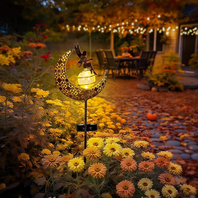 Fairy Garden Solar Lights Outdoor Moon Stakes, Waterproof Outdoor Metal Decor Gifts for Women Mom, Art Moon Sculpture for Yard, Patio, Garden, Porch, 1 Pack Suncket