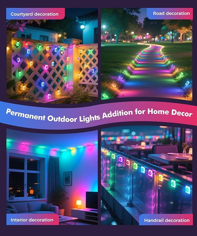 POOFZY Permanent Outdoor Lights for House,200ft RGB+IC Smart Outdoor Decor, 50 Scene Modes,App/Remote Control,for Christmas,Super Bowl,V-Day,Thanksgiving,Daily & Holiday Party Decor POOFZY