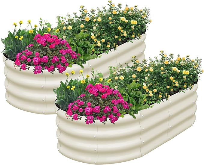 SnugNiture Galvanized Raised Garden Bed Outdoor, 2 Pcs 4x2x1ft Oval Metal Planter Box for Planting Plants Vegetables, White snugniture