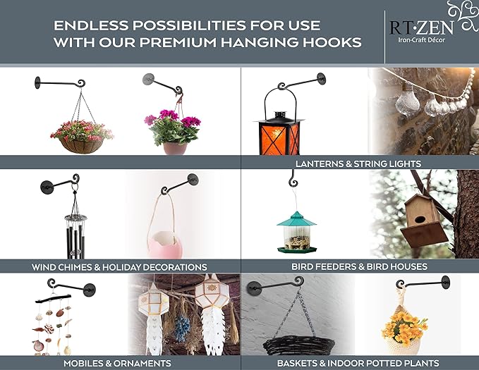 RTZEN Plant Hangers Indoor or Outdoor - Wrought Iron Metal Hanger Indoor Hook - Heavy Duty Wall Bracket Hooks for Hanging Plants Baskets Lanterns Wind Chimes - 2 Pack (Black Swirl Hooks) RTZEN