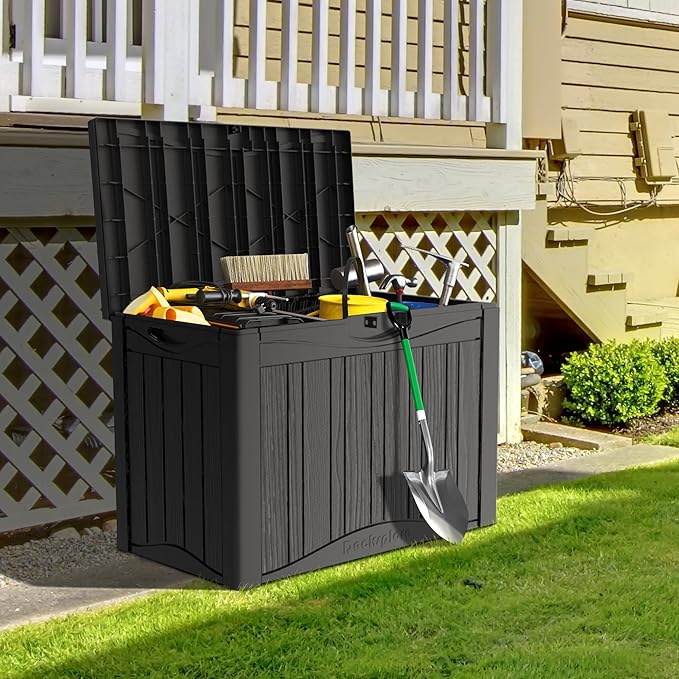 TARKARI 50 Gallon Lockable Resin Deck Box, Waterproof & UV-Resistant Outdoor Storage Box for Outdoor Cushion Storage, Garden Tools & Pool Accessories Storage, Black Home