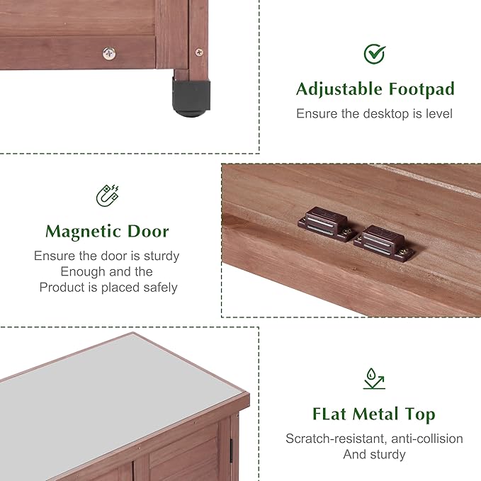 Outdoor Storage Cabinet & Potting Bench Table with Metal Top, Wooden Patio Furniture, Garden Workstation (Dark Brown, 36x31x17in) OutdoorFurniture