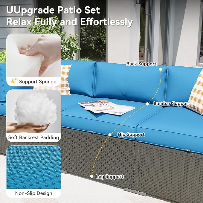 Aoxun Patio Furniture Set, 7 Piece Outdoor Sectional Sofas with Waterproof Cover, Wicker Rattan Outdoor Furniture Patio Conversation Set for Backyard, Garden Peacock Blue Aoxun