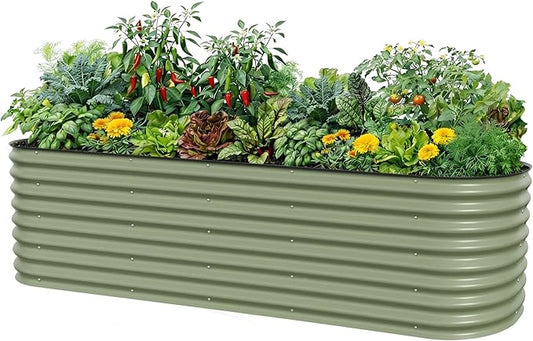 Vego garden 26" Extra Tall Raised Garden Bed Kits, 10 in 1 Modular Raised Planter Box for Vegetables Flowers Fruits Oval Metal Raised Garden-Olive Green VegoGarden