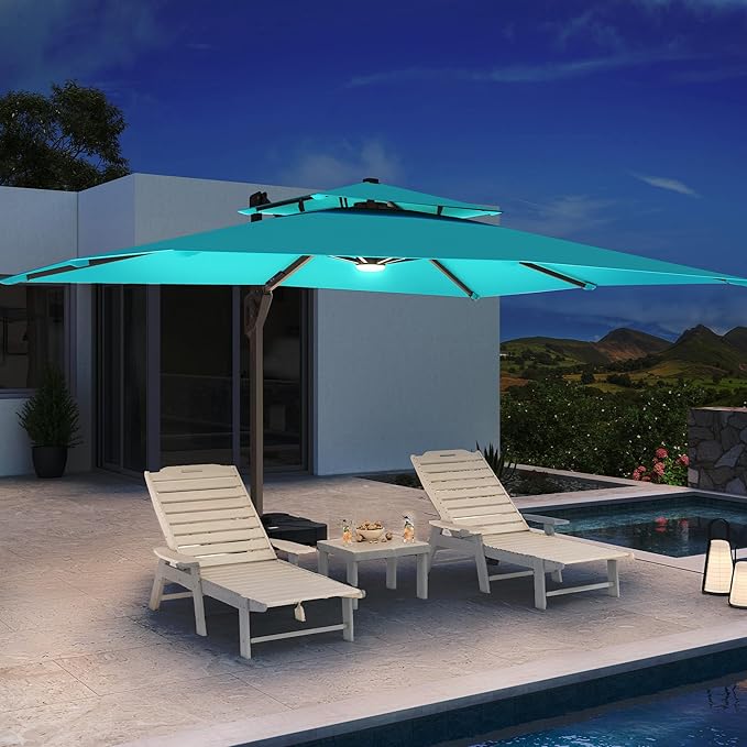 10 X 13 FT Cantilever Patio Umbrella with LED Lights Outdoor Heavy Duty Double Top Windproof Rectangle Offset Umbrellas with 360-degree Rotation for Pool Deck Backyard, Turquoise Ombrellon
