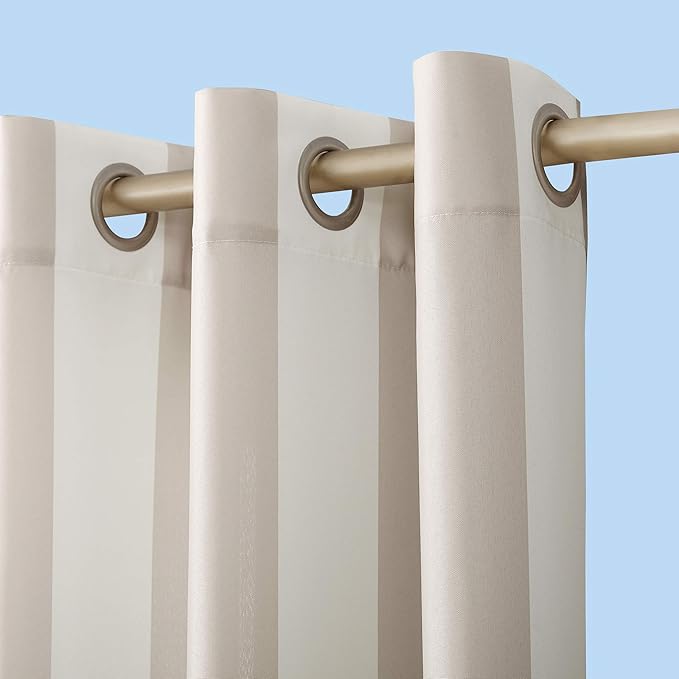 Sun Zero Valencia Cabana Stripe Indoor/Outdoor UV Protectant Energy Efficient Grommet Curtain Panel Pair, 54" x 84", Khaki, 2 piece set SunZero%E2%84%A2