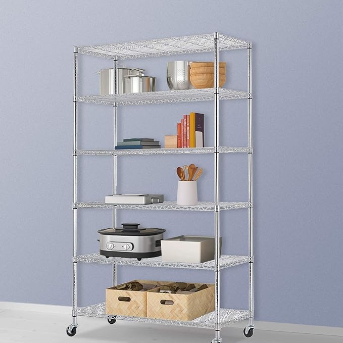 BestOffice | 6-Tier Wire Storage Shelves with Wheels | 18x48x82 | Chrome | Adjustable Racks | Heavy-Duty Metal Shelf, Holds Upto 510 lbs | No-Tool Assembly | Ideal for Home & Garage Shelving BestOffice