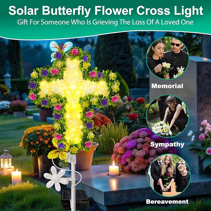 YJFWAL Solar Flower Cross for Cemetery Grave, Grave Decorations for Cemetery Solar Crosses, Sympathy Memorial Gifts, for Garden Lawn Yard Patio Decor YJFWAL