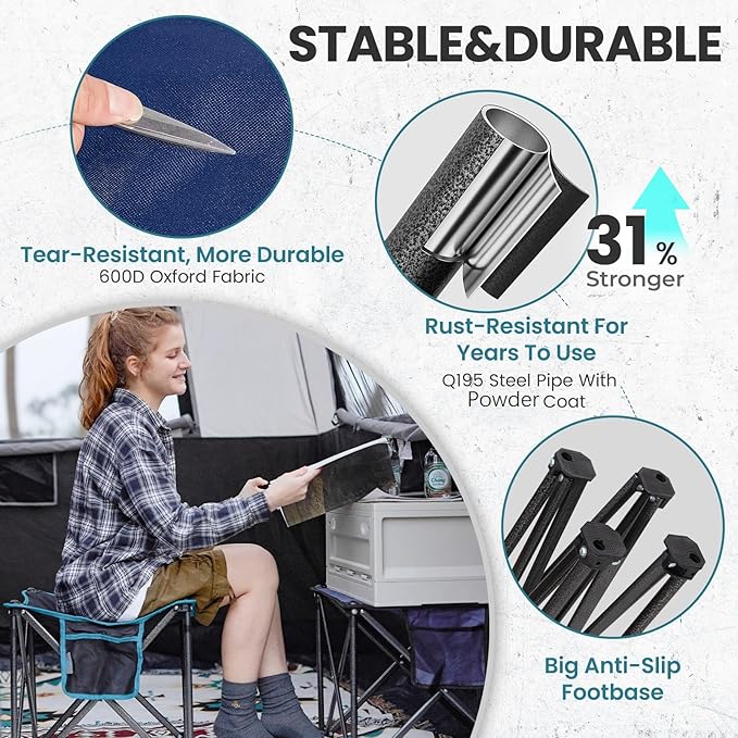 FUNDANGO Oversized Camping Stool for Adults, 2 Pack Thick Padded 18.1 Inch Folding Ottoman Foot Rest, 440 Lbs Heavy Duty Outdoor Camp Chairs with Anti-Slip Foots & Carry Bag for Fishing Travel (Blue) FUNDANGO