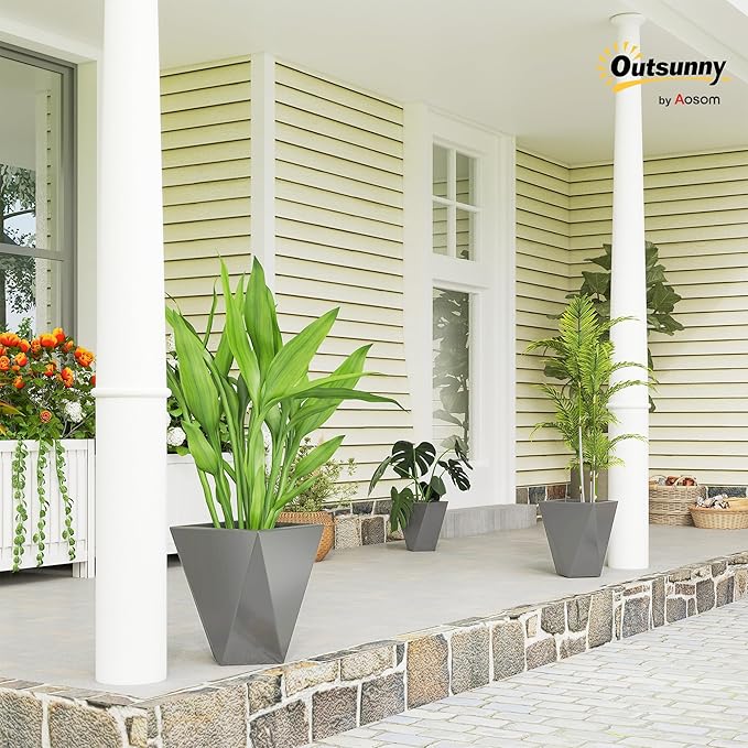 Outsunny Set of 3 Tall Planters, 18", 15.25", 11.75", MgO Indoor Outdoor Planters with Drainage Holes, Stackable Flower Pots for Garden, Patio, Balcony, Front Door, Gray Outsunny
