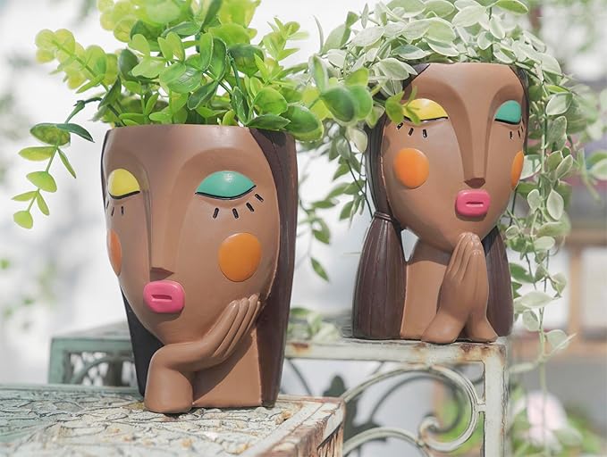 Face Planter Pots for Indoor Plants, Resin Head Planter Succulent Planter Flower Planter Cute Girl Head Pots with Drainage Hole - Painted Thinking Girl Closed Eyes Saysmile