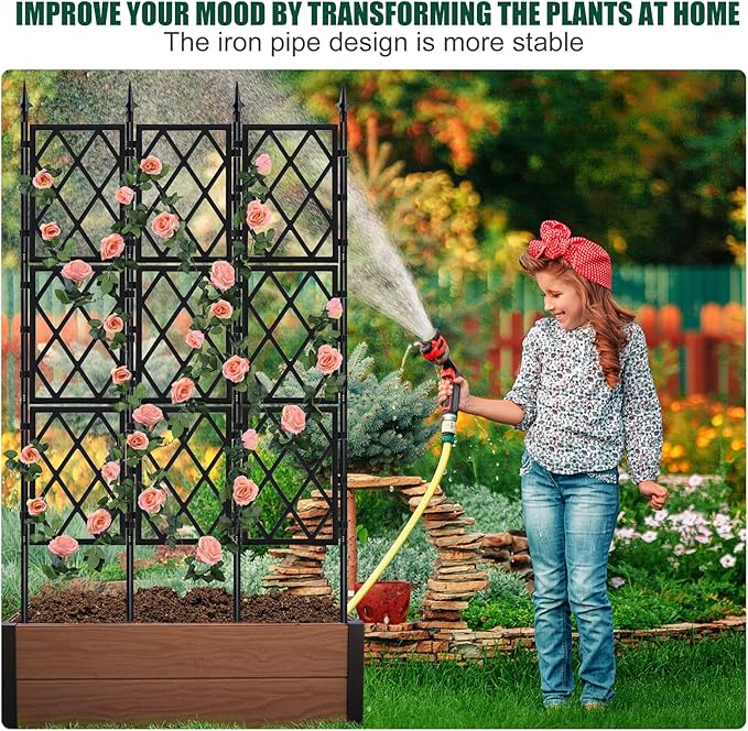 Garden Trellis for Climbing Plants Outdoor 5.25 FT, Iron Pipe Metal Support Wall Tall Plant Trellis Lattice Fence Plant Support with Garden Twist Tie for Ivy Vines Rose WellSign