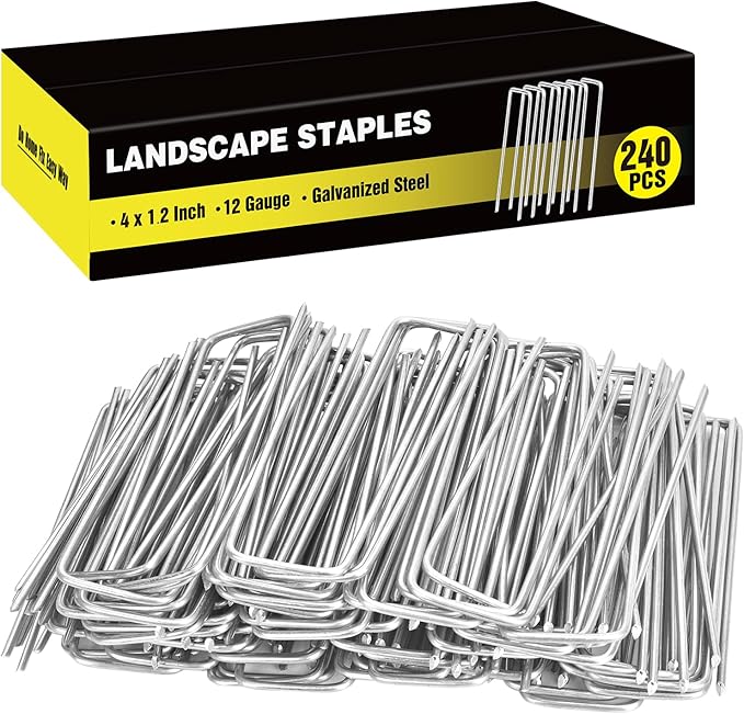 HongWay 240 Pack 4 Inch Landscape Staples, Garden Staples 12 Gauge Galvanized Ground Stakes Lawn Yard Staples SOD U-Shaped Pins for Landscaping Fabric, Irrigation Tubing Hose HongWay