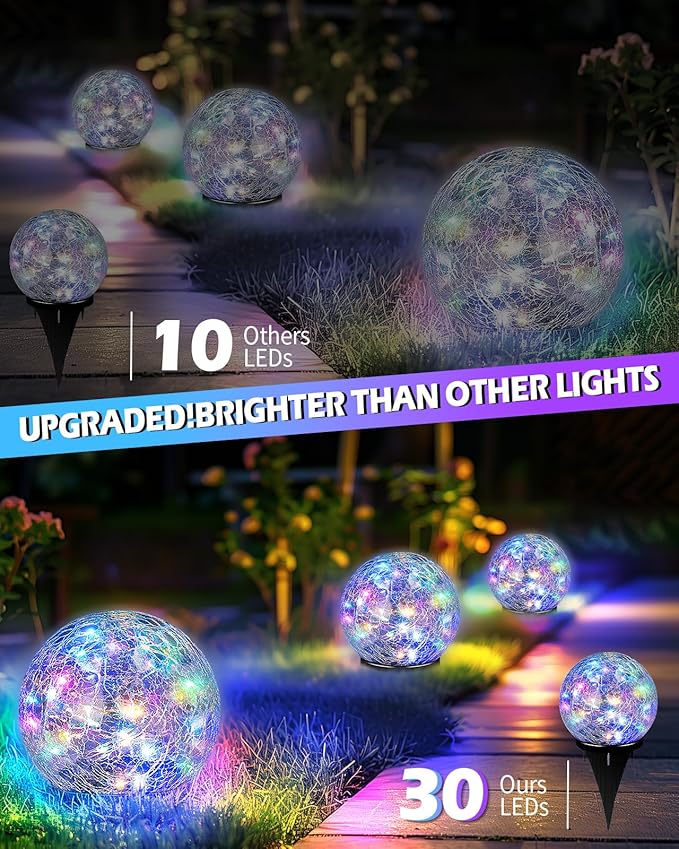 Coroor Garden Solar Ball Lights Outdoor Waterproof, 30 LED Cracked Glass Globe Solar Power Ground Lights for Path Yard Patio Lawn, Christmas Decoration Landscape Colorful (2 Pack 3.9'') Coroor
