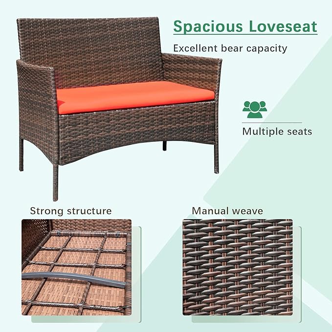 Greesum Patio Furniture 4 Pieces Conversation Sets Outdoor Wicker Rattan Chairs Garden Backyard Balcony Porch Poolside loveseat with Soft Cushion and Glass Table, Brown and Red BuynowfromGreesum