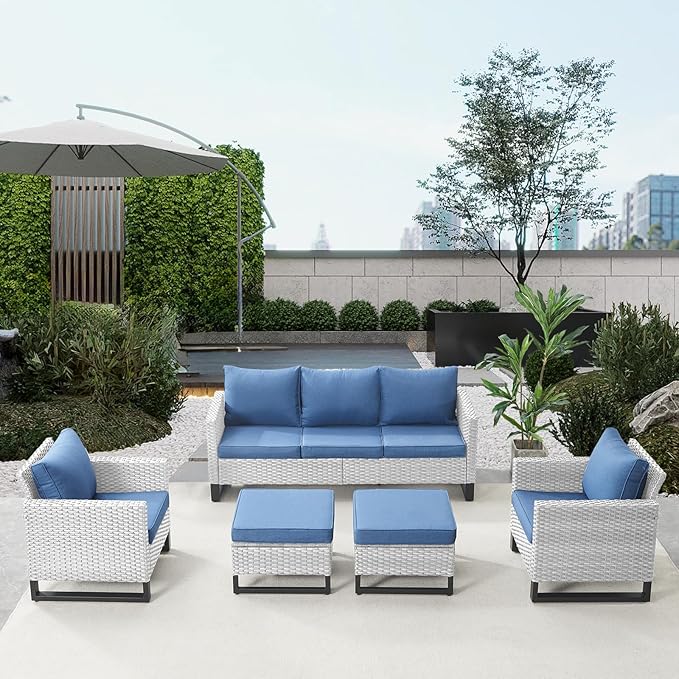 Belord Wicker Patio Furniture 5 Piece Outdoor Sofa Set, Oversize Outdoor Dining Chairs with Rattan Ottomans, Conversation Sets Patio Furniture Come with Removable Washable Cushion Blue, Light Grey Belord