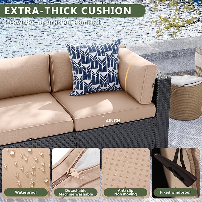 Aoxun 8 Piece Patio Furniture Set with 44” Fire Pit Table Wicker Rattan Patio Sectional Sofa Set Outdoor Seating Furniture with Thickened Cushion, Beige Aoxun